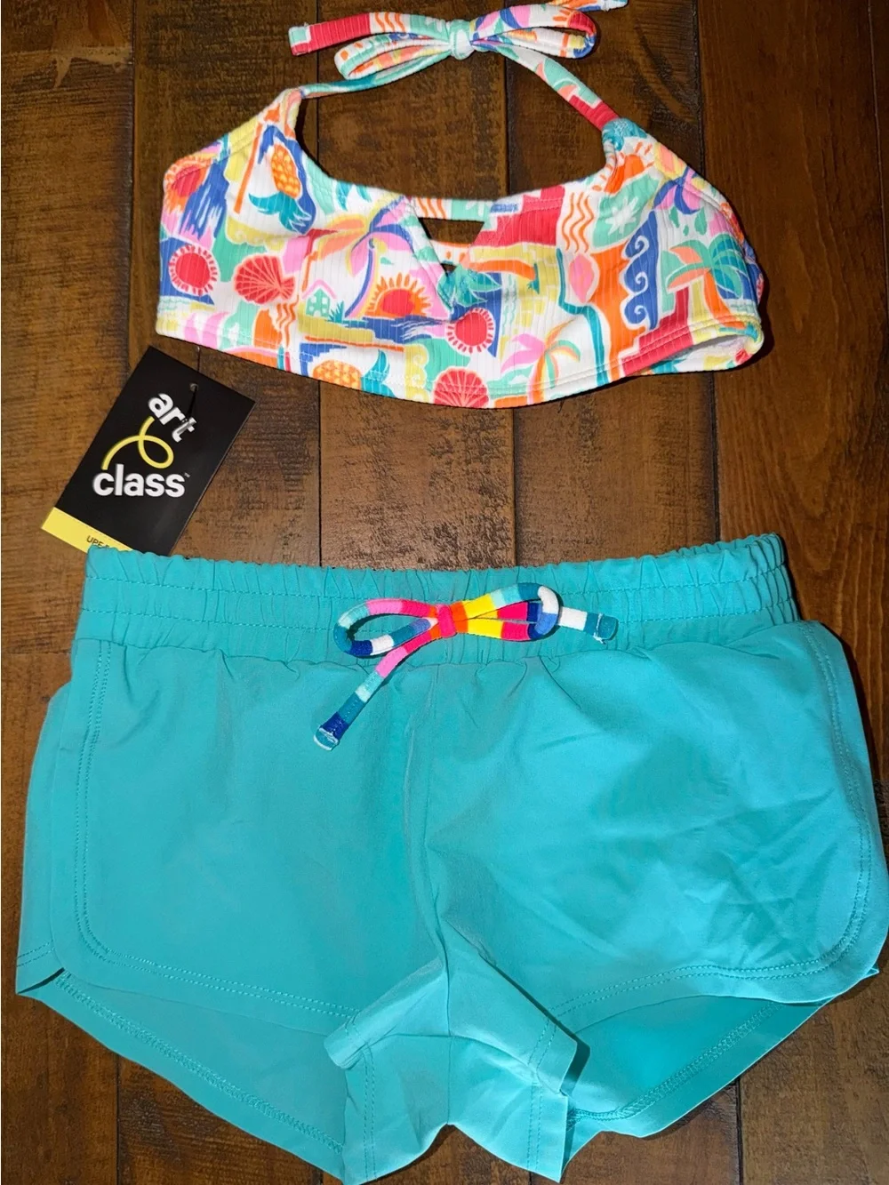 art class Multicolor Tropical Bikini Top with Teal Shorts